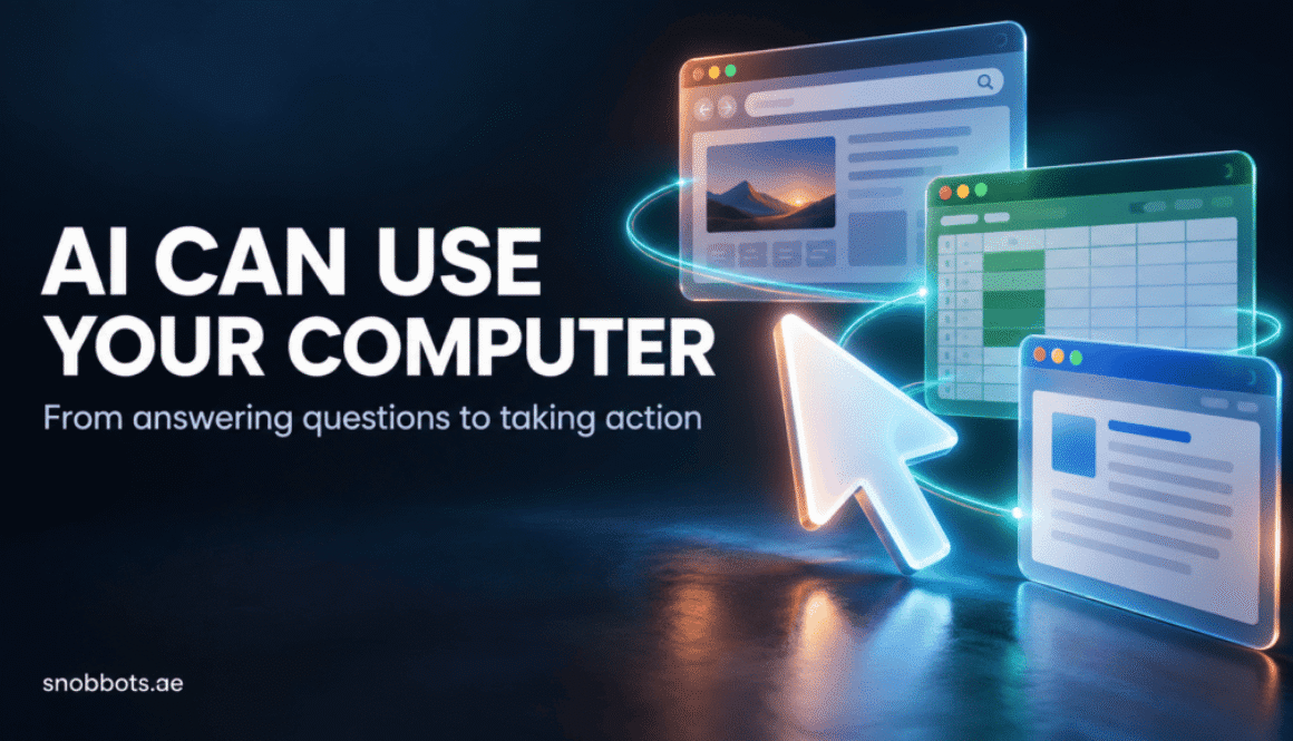 A glowing mouse pointer beside browser, spreadsheet and document windows, illustrating AI computer use.