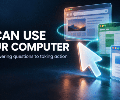A glowing mouse pointer beside browser, spreadsheet and document windows, illustrating AI computer use.