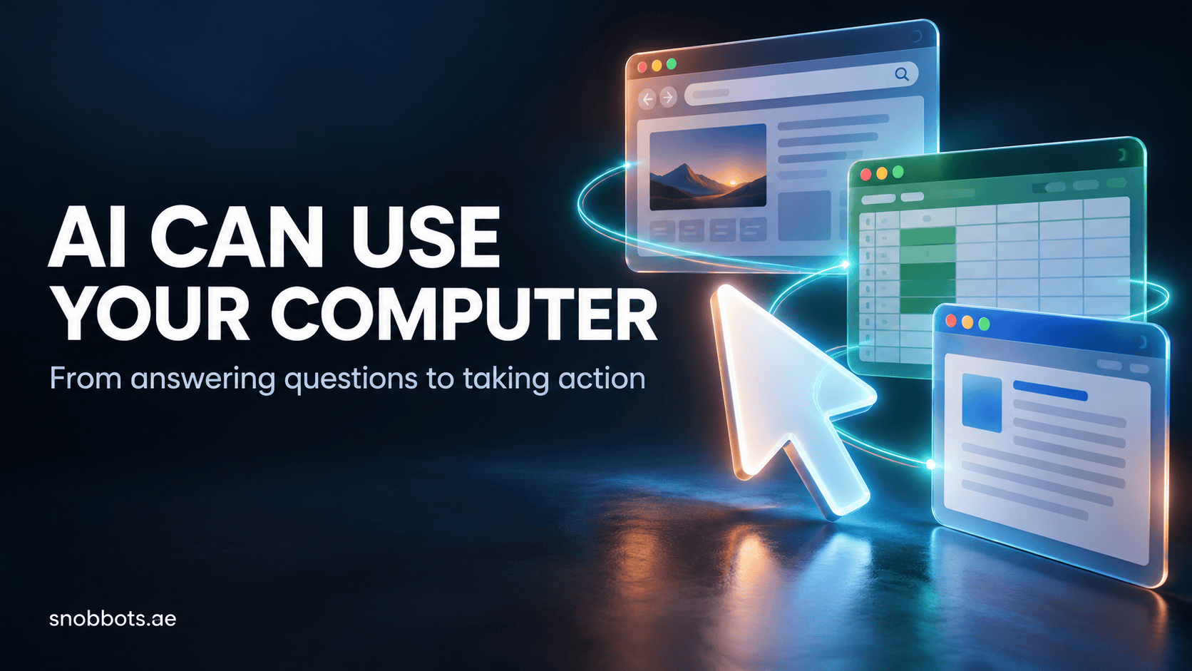 A glowing mouse pointer beside browser, spreadsheet and document windows, illustrating AI computer use.