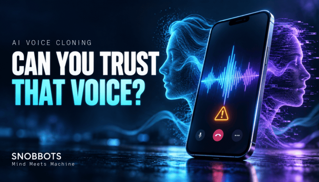 AI voice cloning illustration showing a smartphone, audio waveform and two digital human profiles