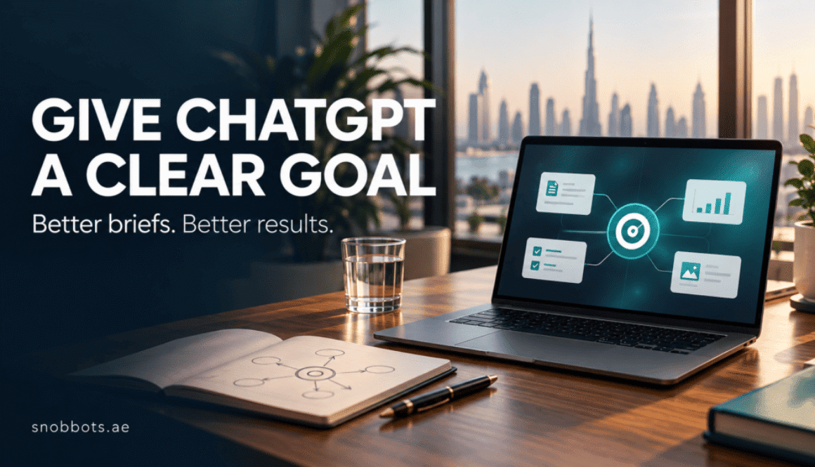 Laptop displaying a goal-focused AI workflow, illustrating how to use ChatGPT effectively for business.