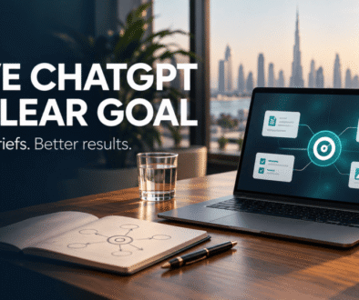 Laptop displaying a goal-focused AI workflow, illustrating how to use ChatGPT effectively for business.