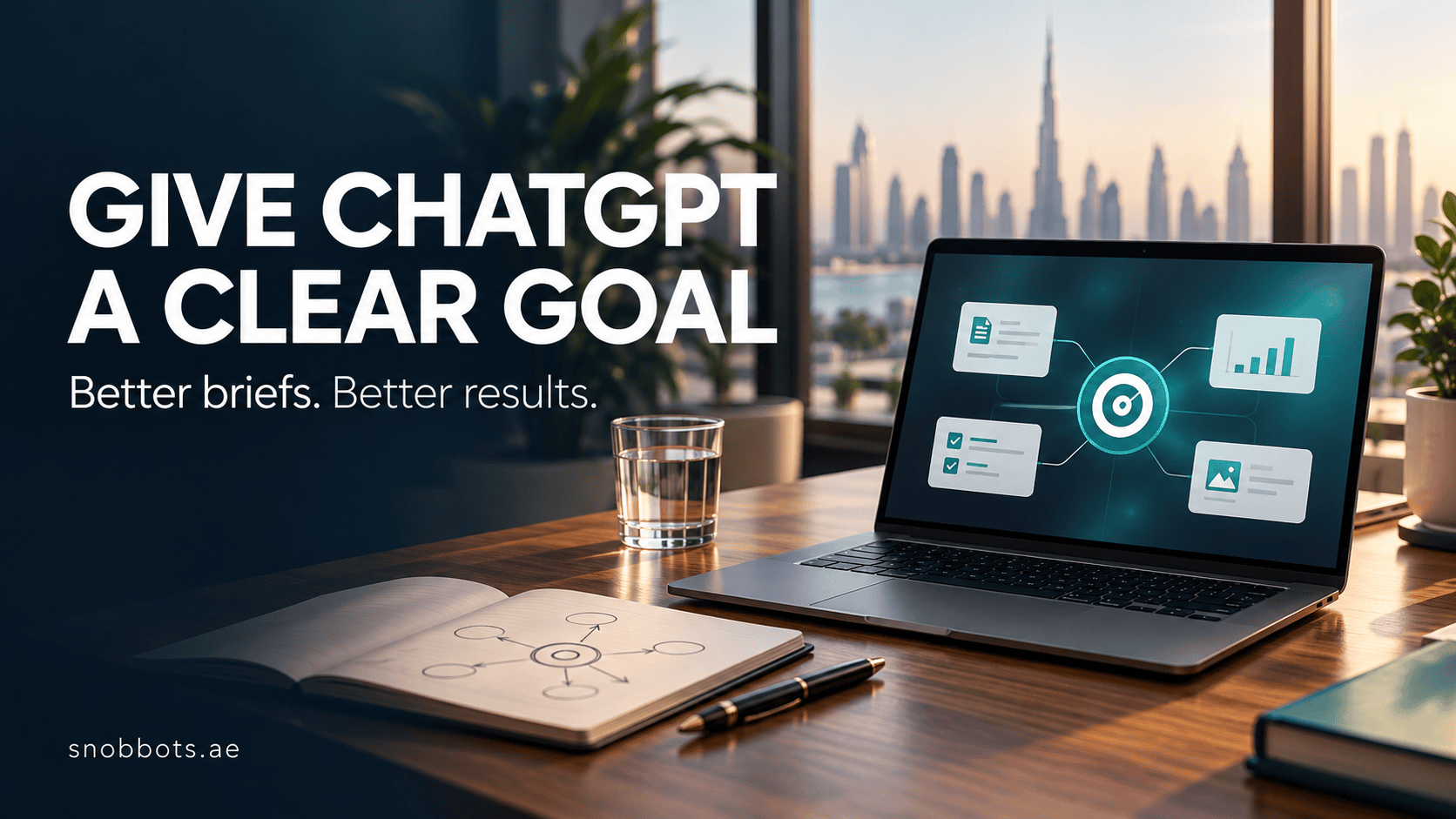 Laptop displaying a goal-focused AI workflow, illustrating how to use ChatGPT effectively for business.