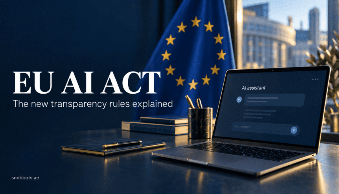 European Union flag beside a laptop displaying an AI assistant, illustrating EU AI Act transparency rules.