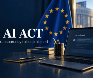 European Union flag beside a laptop displaying an AI assistant, illustrating EU AI Act transparency rules.