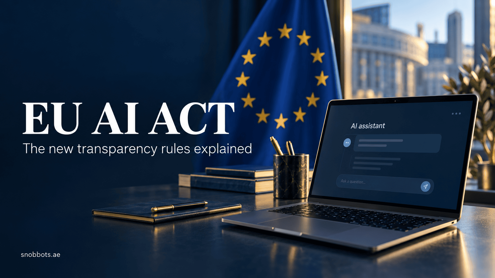 European Union flag beside a laptop displaying an AI assistant, illustrating EU AI Act transparency rules.