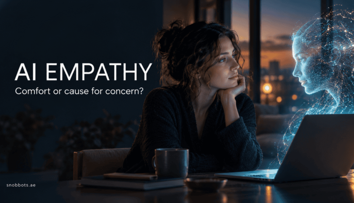 A woman looking towards a digital face above a laptop, illustrating AI empathy and human connection.