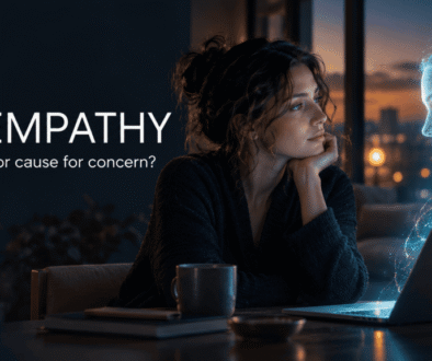 A woman looking towards a digital face above a laptop, illustrating AI empathy and human connection.