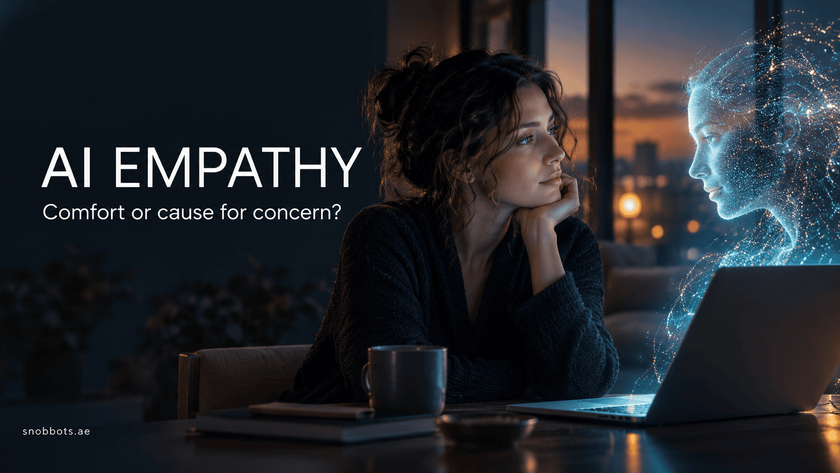 A woman looking towards a digital face above a laptop, illustrating AI empathy and human connection.
