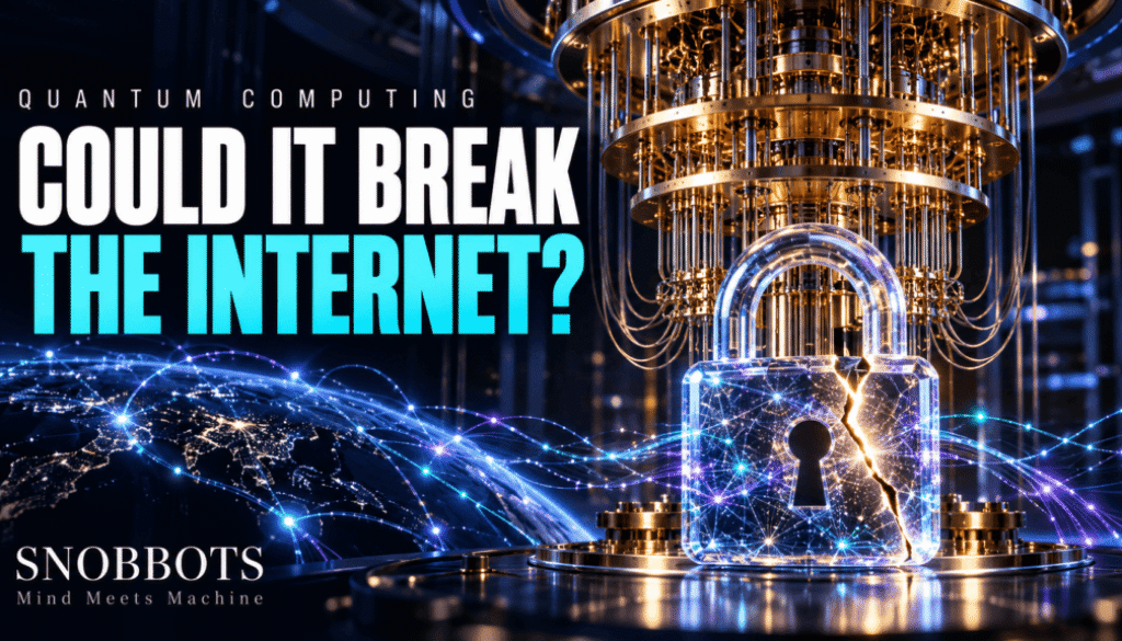 Quantum computing illustration showing a quantum computer and a cracked digital padlock
