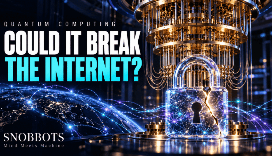 Quantum computing illustration showing a quantum computer and a cracked digital padlock