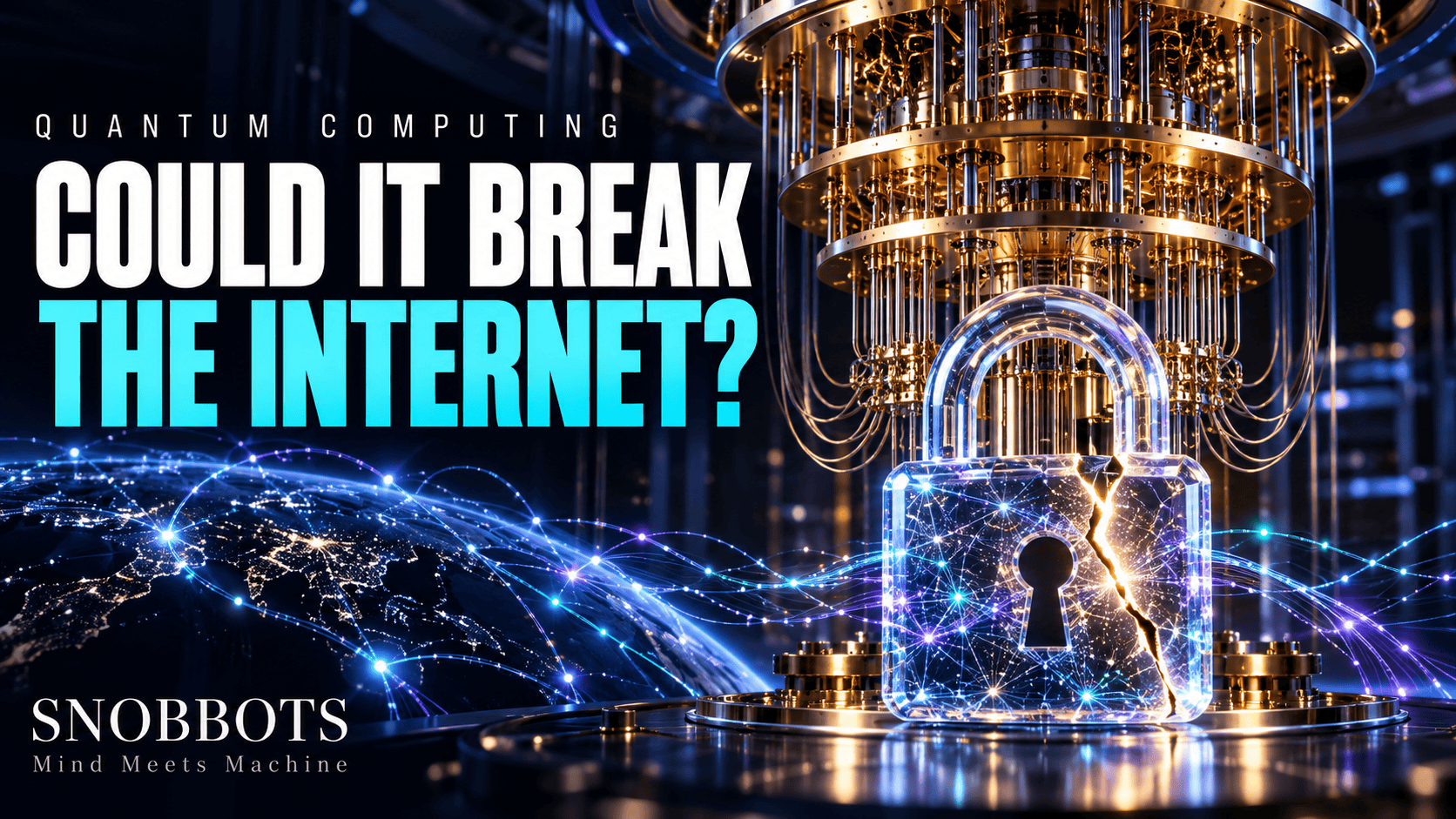 Quantum computing illustration showing a quantum computer and a cracked digital padlock