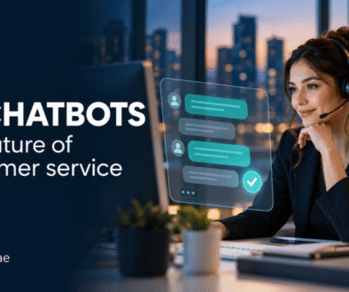 Customer service adviser working alongside a digital chat interface, illustrating AI chatbots for customer service.